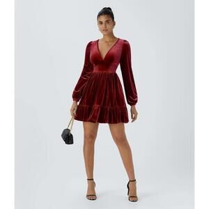 NWT Halara Deep V Neck Long Sleeve Ruffle Hem Velvet Mini Chill Dress Sangria XS